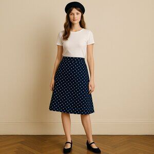 Van Heusen A-Line Skirt Sz 8 Navy Polka Dot Classic Vintage Retro Casual